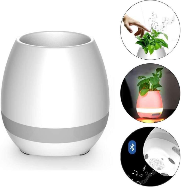 Bluetooth Speakers Night Light Breathing Light Music Flower Pots Smart Plant Pots Play Music by Touching Plants Rechargeable Indoor Outdoor Office Home Decor Festivel Gift (White No Plant)