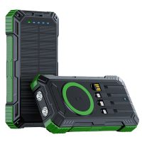 20000mAh Solar Power Bank Built in 4 Cables,With Wireless Charging,Led Light,Lanyard Design,three-proof design
